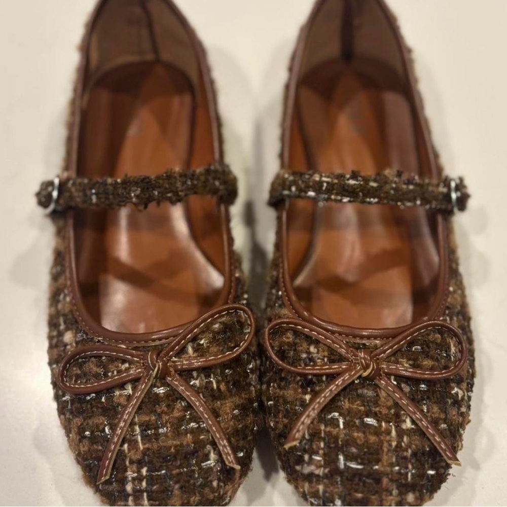 Cider Brown Tweed Flats with Bow Detail